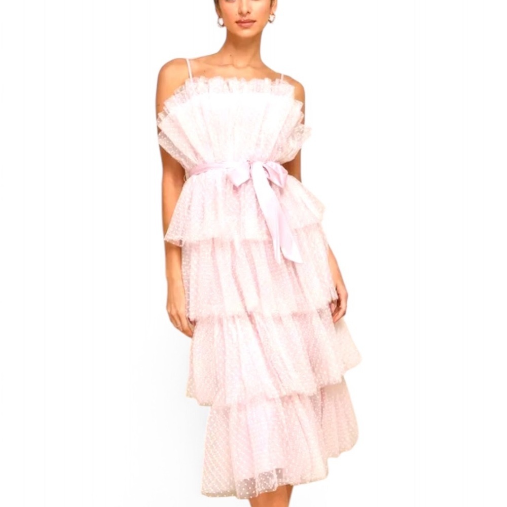 Lulu's Light Pink Tiered Tulle Midi Dress with Satin Waist Tie